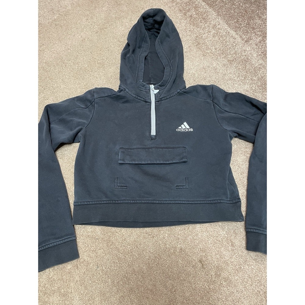 Adidas Women's Sweatshirt Hoodie Three Stripe Cropped Black Crop Top 2xs